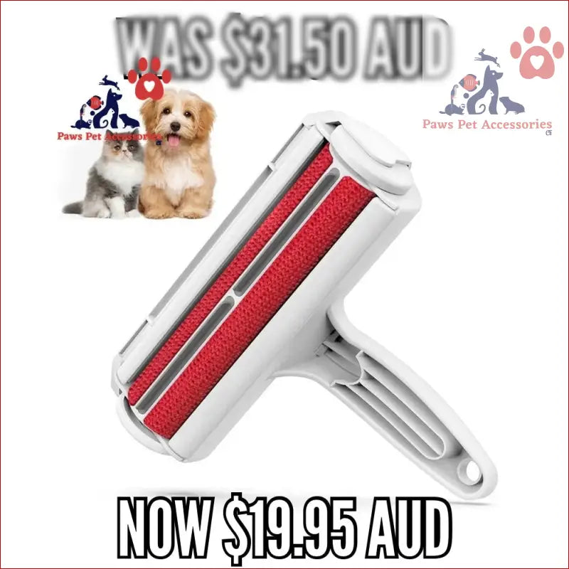 Pet hair remover with red lint-catching strips and white handle for easy fluff removal