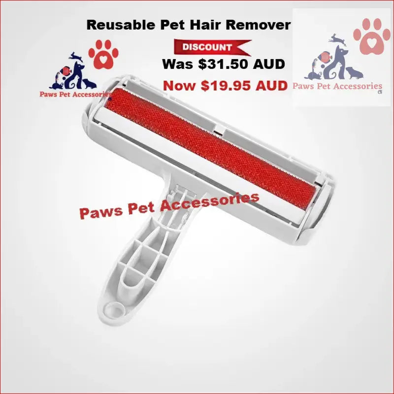 Reusable Pet Hair Remover with red roller and white handle for easy animal fluff removal