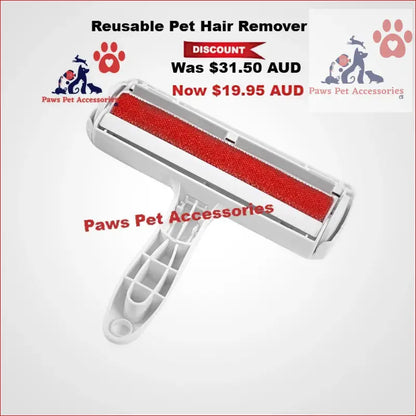 Reusable Pet Hair Remover with red roller and white handle for easy animal fluff removal