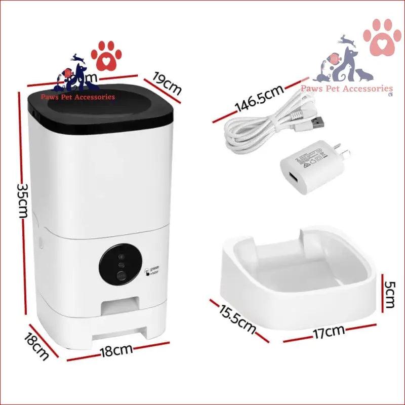 Automatic pet feeder with white body and black lid, featuring 6L Wifi smart food dispenser