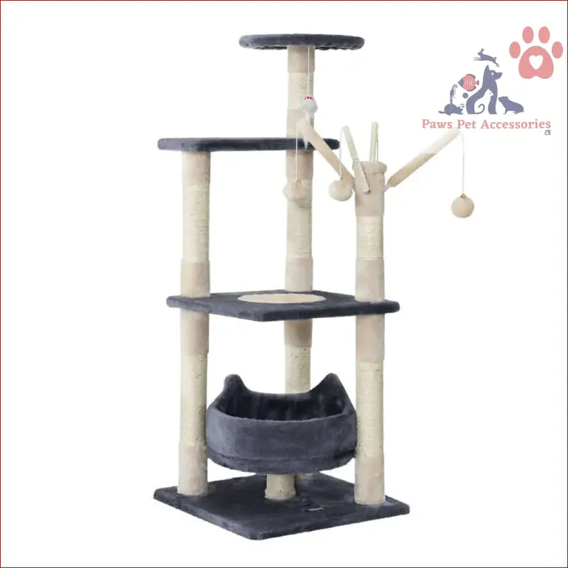 Multi-level Cat Tree 110cm with Scratching Posts, Platforms, and Curved Bed in Grey Beige