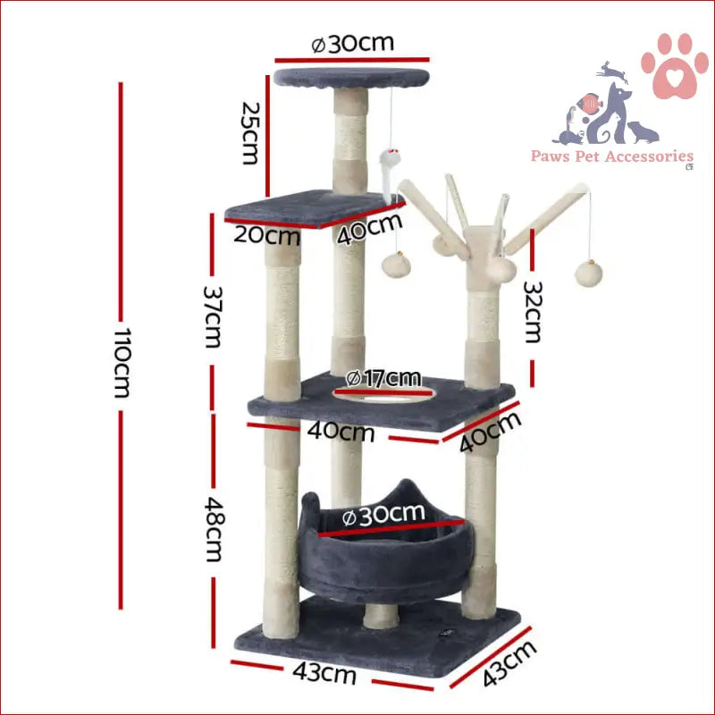 Multi-level Cat Tree 110cm with Scratching Posts, Platforms, and Cozy Round Bed