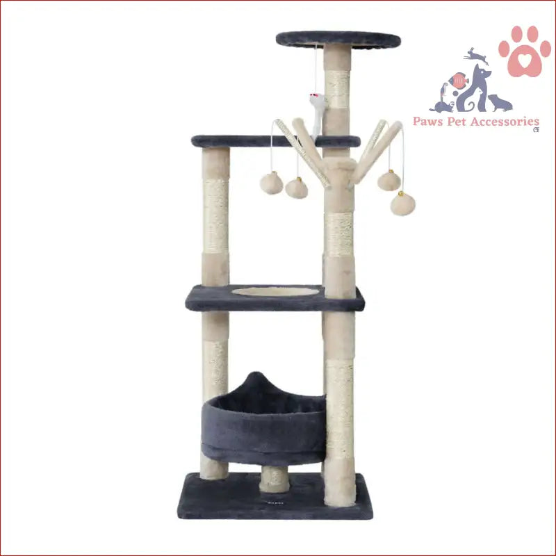 Multi-level Cat Tree 110cm with scratching posts, toys, and a cozy curved bed