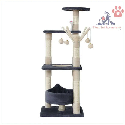 Multi-level Cat Tree 110cm with scratching posts, toys, and a cozy curved bed