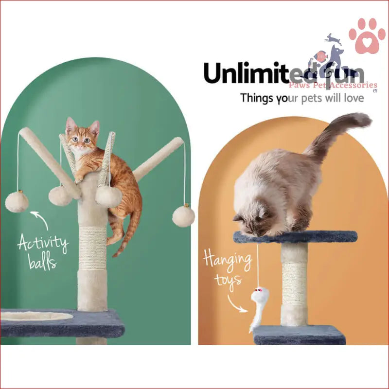 Cat activity center with scratching posts and toys on the i.Pet Cat Tree 110cm