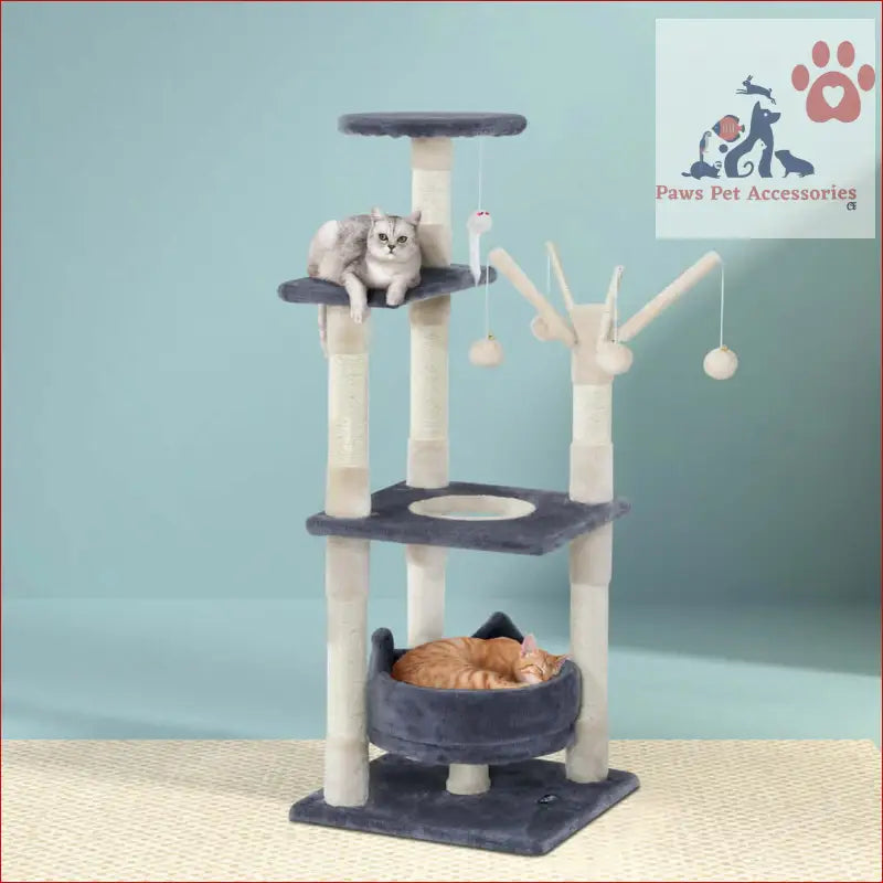 Multi-level i.Pet Cat Tree 110cm with scratching posts, beds, and toys in navy and beige