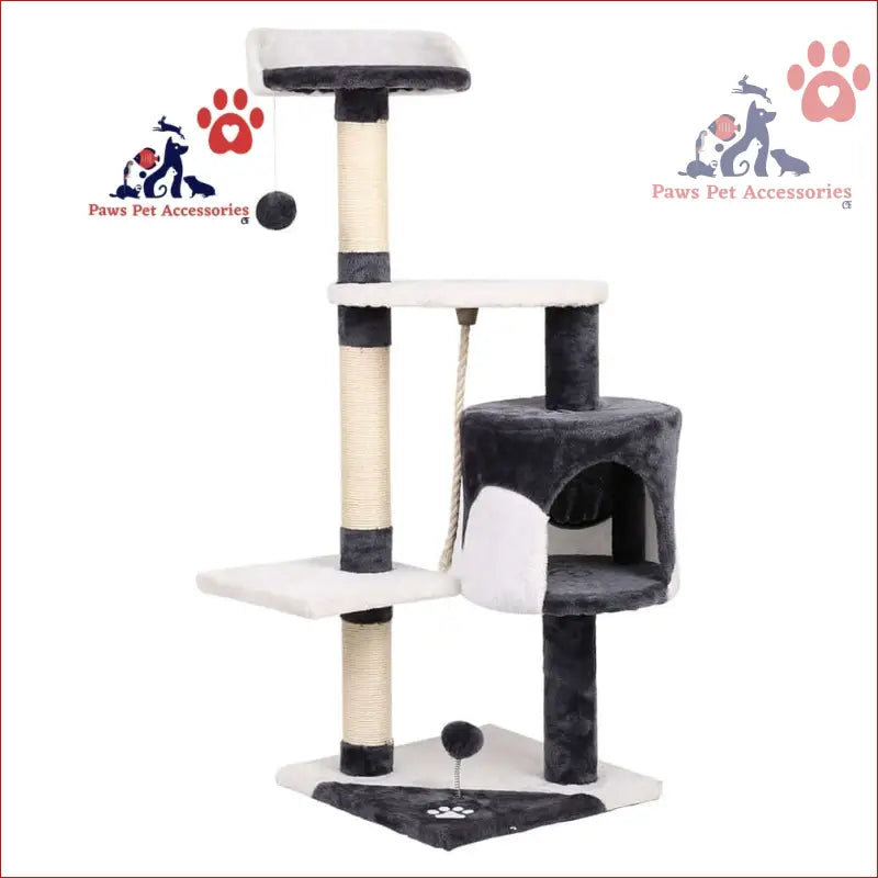 Multi-level Cat Tree 112cm with scratching posts and cozy cubby in black and white