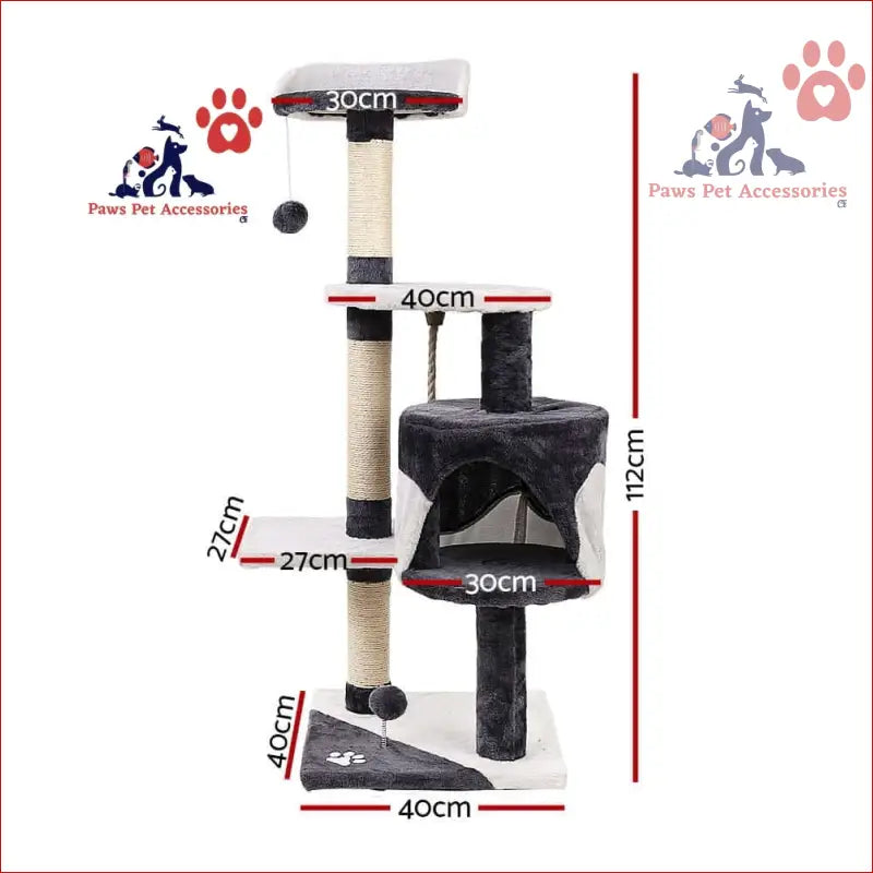 Multi-level cat tree 112cm with plush perches and sisal scratching posts for playful cats