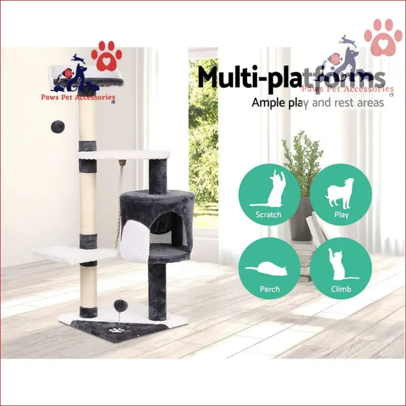 Multi-level Cat Tree 112cm with Tower Scratching Post, Platforms, and Cubby House