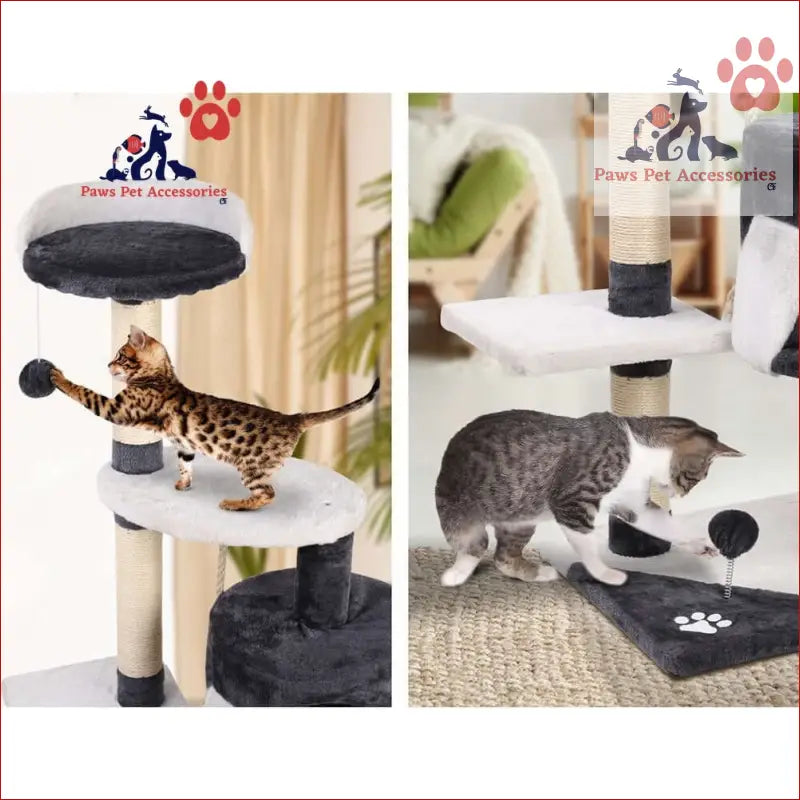 Cat Tree 112cm with multiple platforms and dangling ball toy for playful kitties