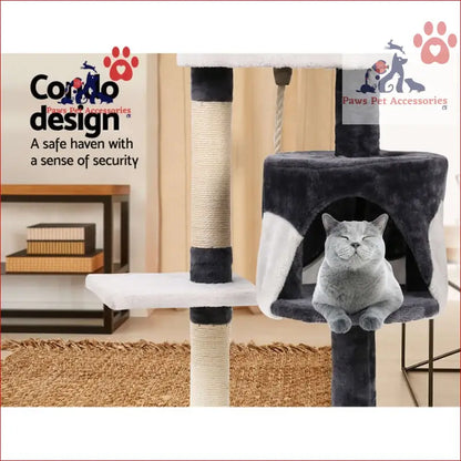 British Shorthair cat chilling in i.Pet Cat Tree 112cm tower scratching post hammock