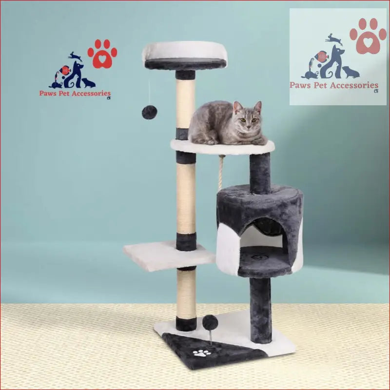 Grey cat lounging on i.Pet Cat Tree 112cm with scratching posts and cozy cubby