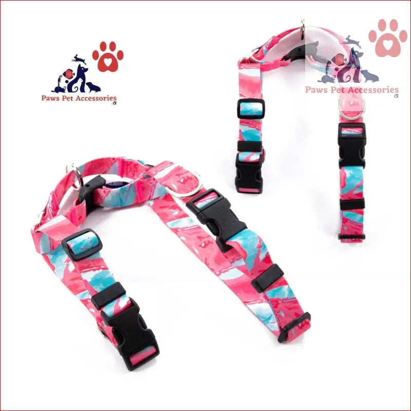 Pink and blue camouflage dog collar with black buckle for double-lined straps harness