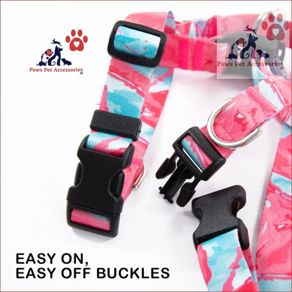 Stylish pink and blue patterned dog collar with black buckle for double-lined straps harness