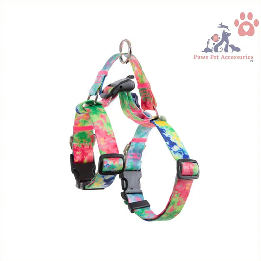 Colorful tie-dyed dog double-lined straps harness with adjustable features and metal ring