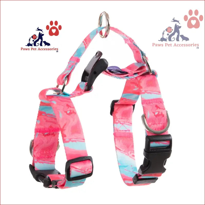 Pink and blue tie-dyed Dog Double-Lined Straps Harness with adjustable black buckles