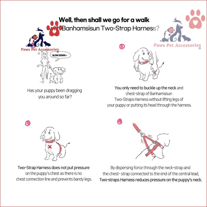 Instructional diagram highlighting benefits of Dog Double-Lined Straps Harness in Marble Pink