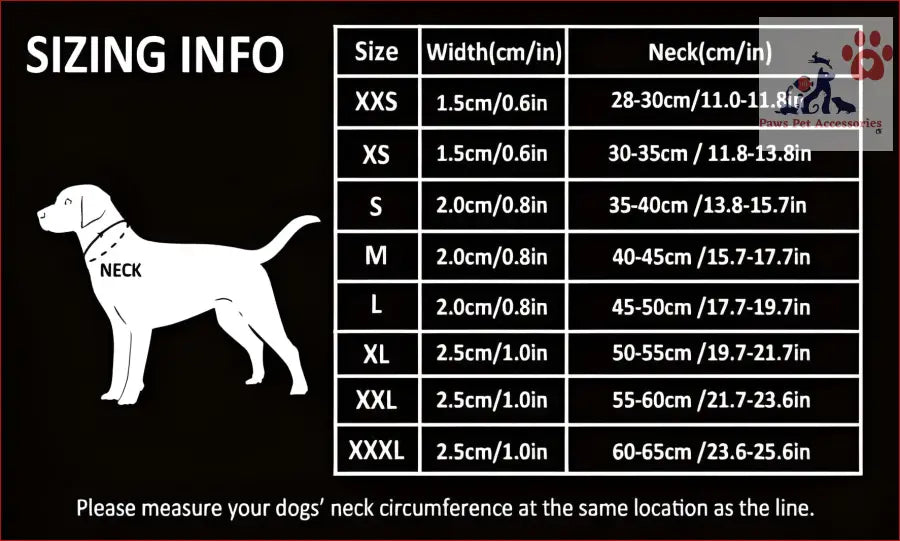 Dog collar sizing chart for True Love Floral Dog Collar - Blue, L in Paws Pet Accessories