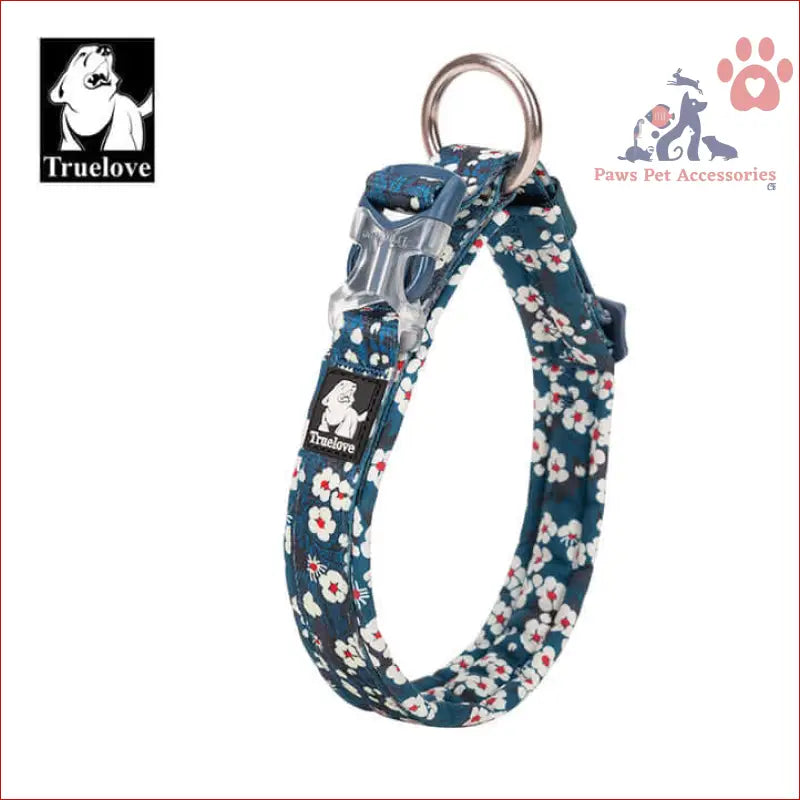 Floral dog collar with white cherry blossoms on teal, perfect for true love floral style