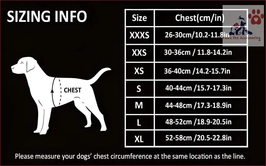 Dog size chart for True Love Floral Doggy Harness - Blue, including chest measurement guide