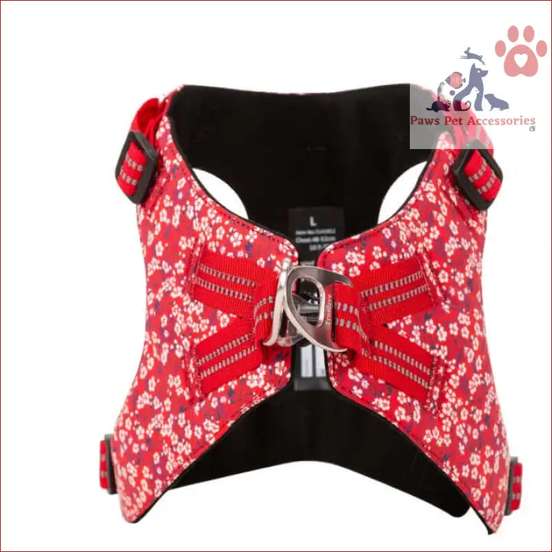 Red True Love Floral Doggy Harness with adjustable straps and metal hardware for pets