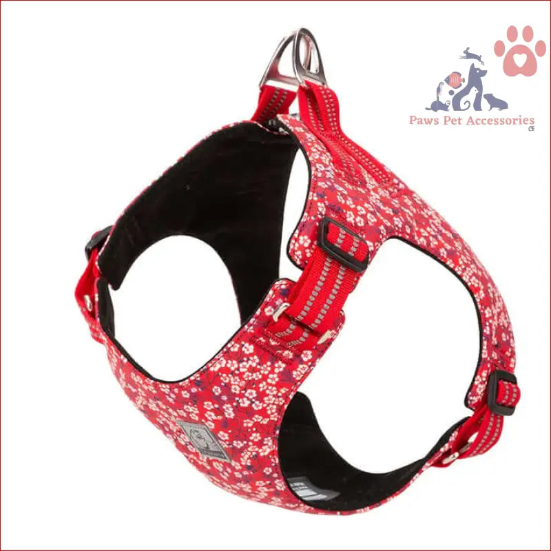 Red floral doggy harness with black padding and adjustable straps for stylish pups