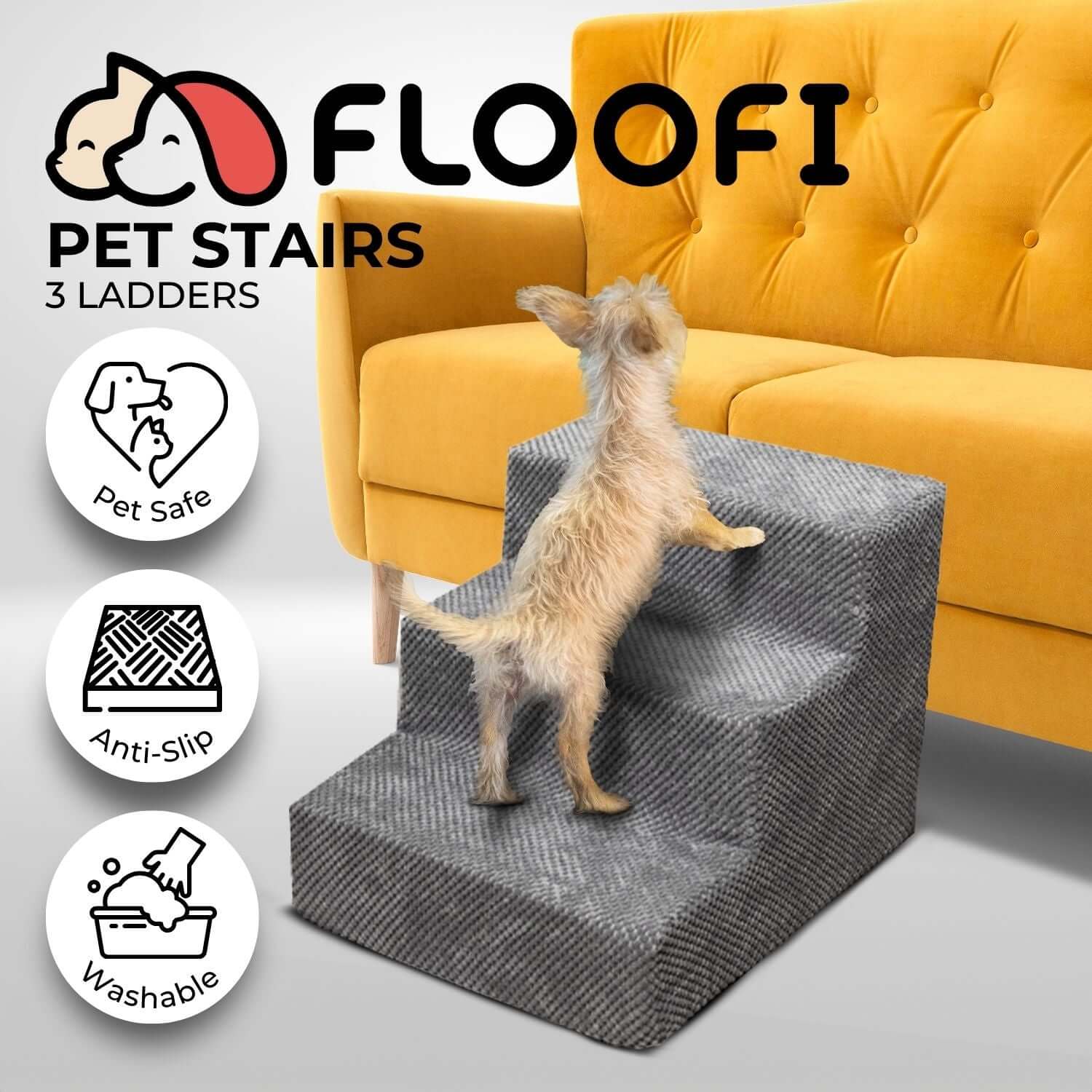 FLOOFI 3-Step Detachable Memory Foam Pet Stairs with Removable Washable Cover Grey