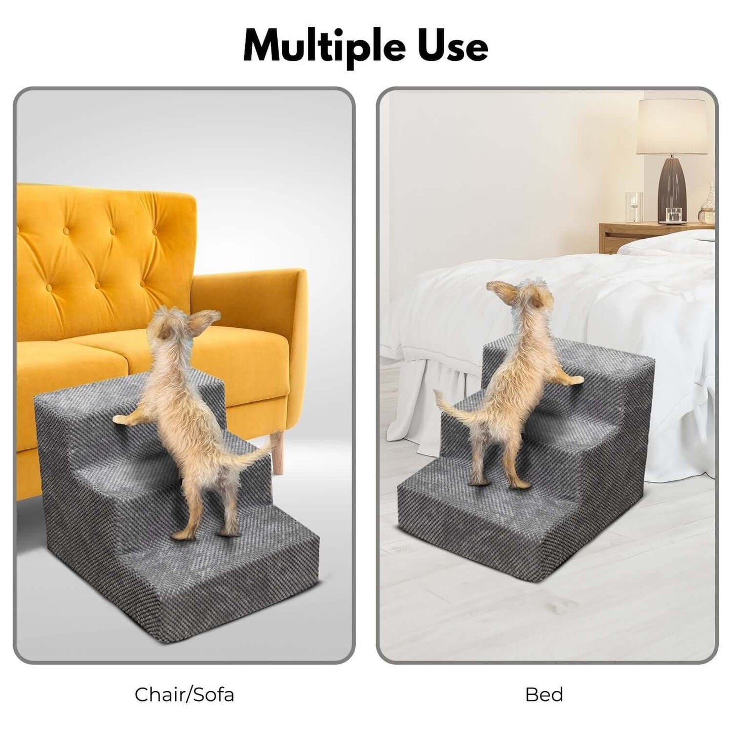 FLOOFI 3-Step Detachable Memory Foam Pet Stairs with Removable Washable Cover Grey