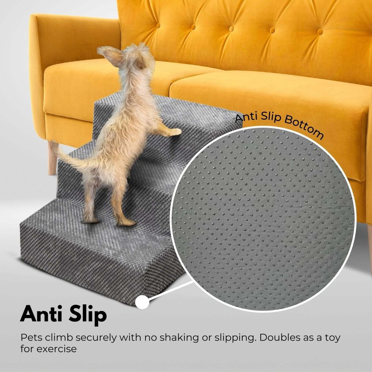 FLOOFI 3-Step Detachable Memory Foam Pet Stairs with Removable Washable Cover Grey