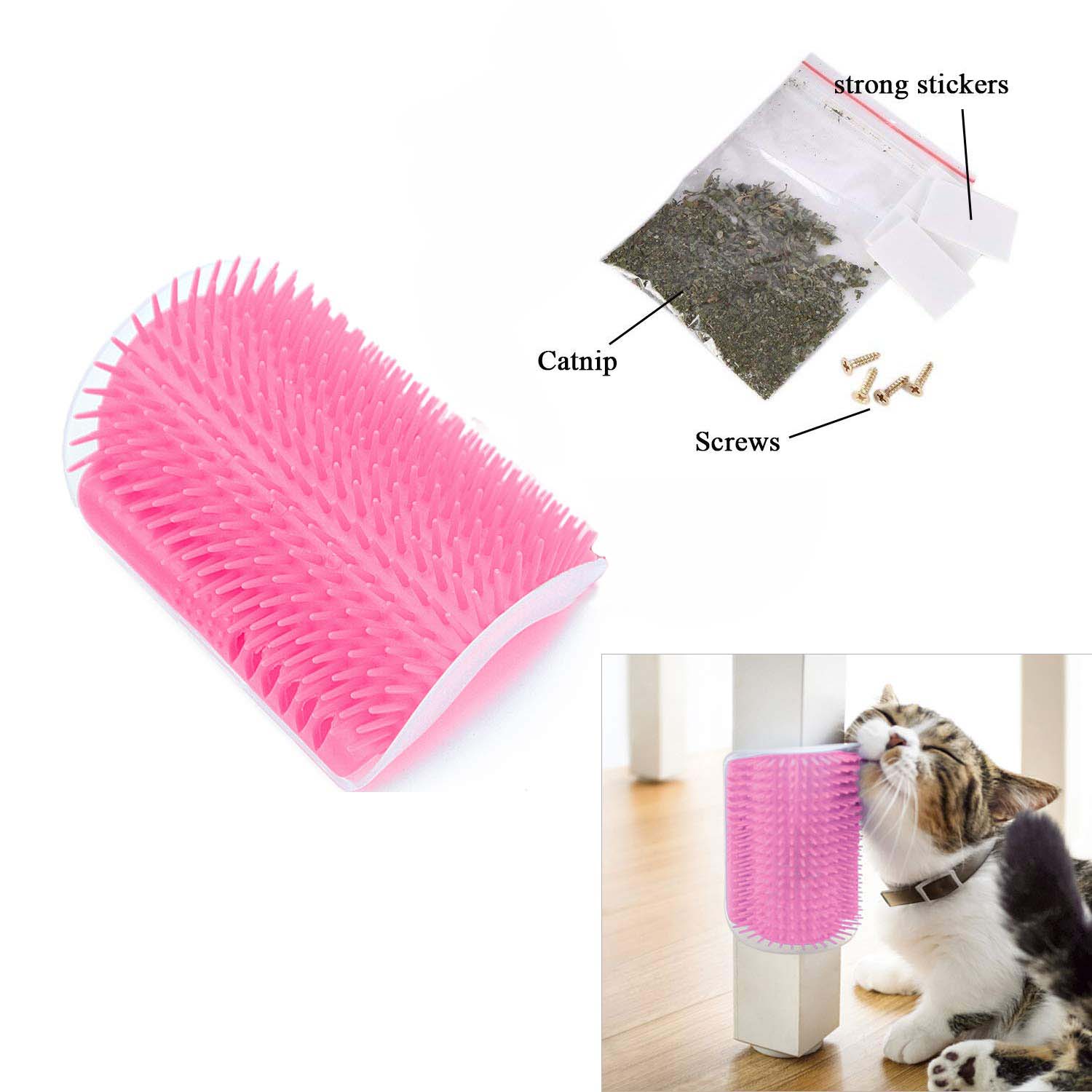 Cat Self Groomer Catnip Dog Cat Toy Corner Groomer Wall Corner Scratcher Comb Grooming Massage Brush Pink