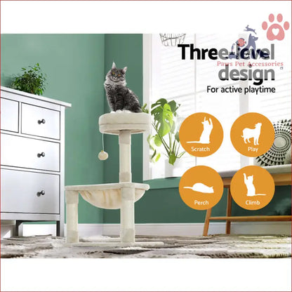 Three-tiered Cat Tree 69cm with beige platforms and a grey cat enjoying the top perch