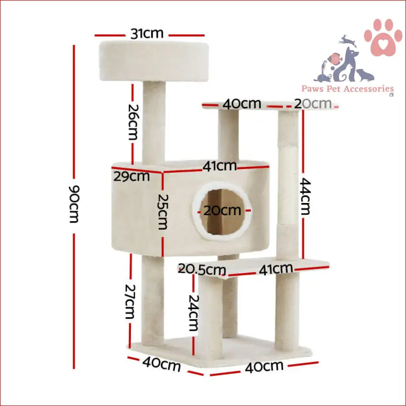 Multi-level cat tree 90cm with platforms, posts, and a cozy hideaway for pets