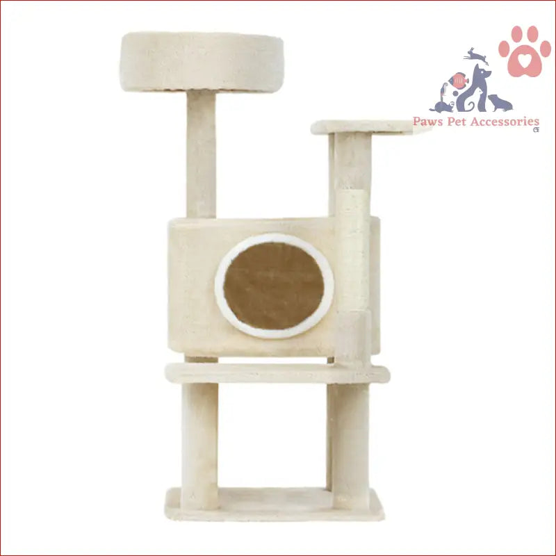 White Cat Tree 90cm with platforms, posts, and cozy cubby hole for playful pets