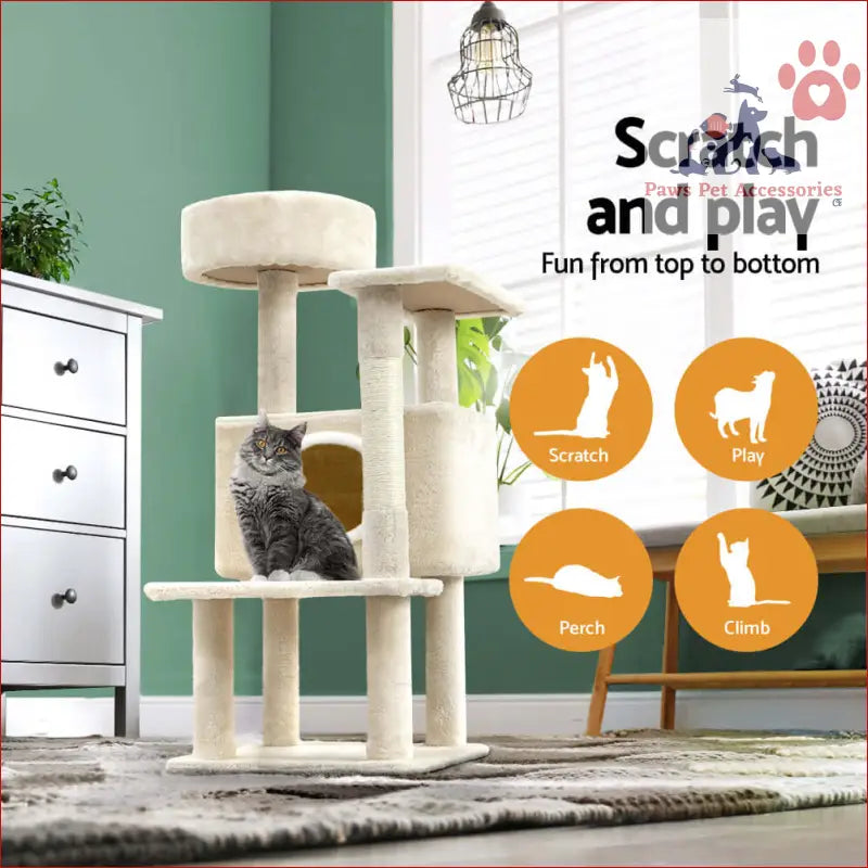 Multi-level cat tree 90cm with beige platforms, scratching post tower, and cozy cubby