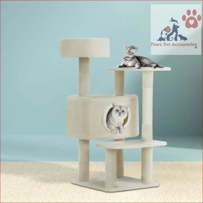 White multi-level Cat Tree 90cm with platforms and circular hideaway pod for cats