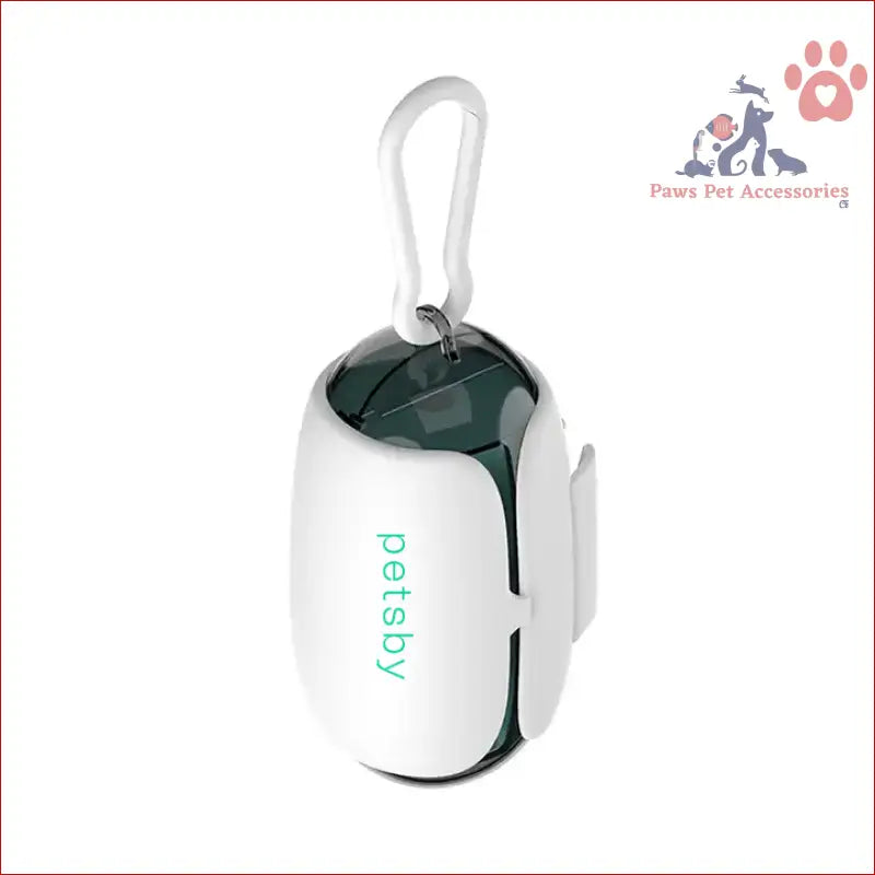 White plastic poop bag dispenser with carabiner clip for easy access to your Capsule Poop Bag