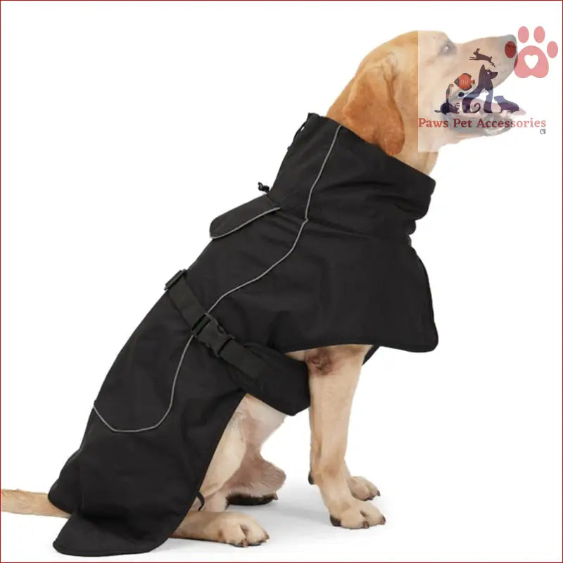 Black winter coat on a yellow Labrador in warm thickened reflective pet clothes