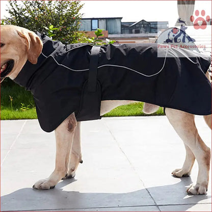 Cute dog in black formal gown from warm thickened reflective winter pet clothes