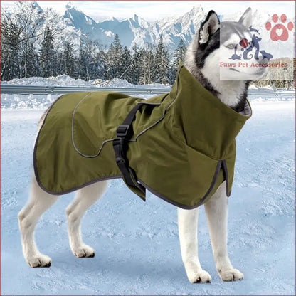 Husky in a padded warm thickened reflective winter pet coat for chilly days