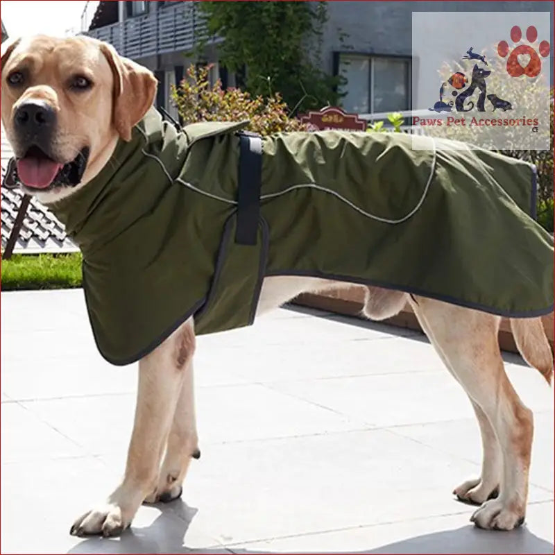 Yellow Labrador in an olive green raincoat from Cotton Padded Warm Thickened Reflective Winter Pet Clothes