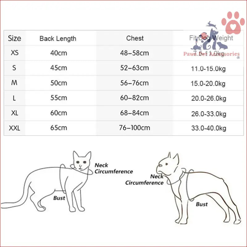 Size chart for Cotton Padded Warm Thickened Reflective Winter Pet Clothes with cat and dog