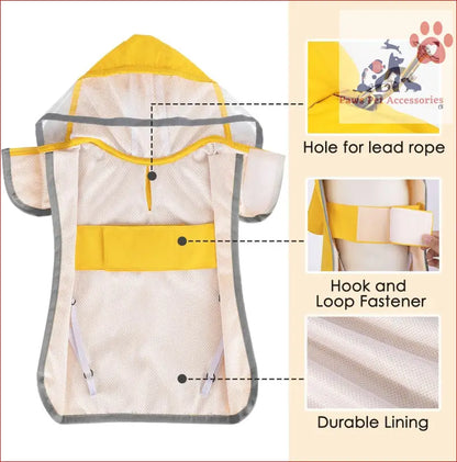 White and yellow adjustable pet raincoat with hook-and-loop fasteners for dogs