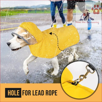 Yellow waterproof dog raincoat with leash hole, perfect for the Green Reflective Adjustable Pet Raincoat