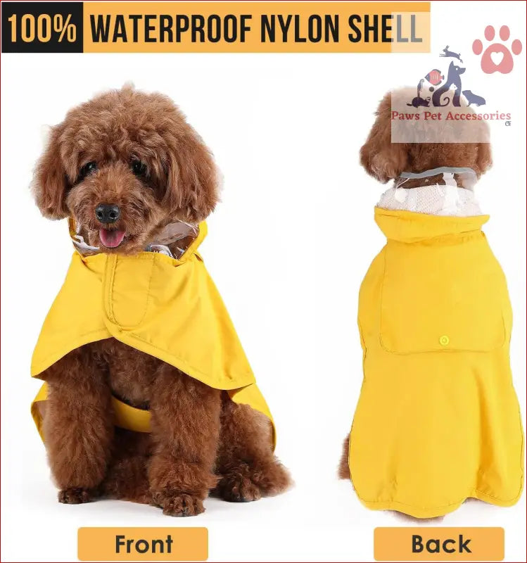 Yellow waterproof dog jacket showing front and back views of adjustable pet raincoat