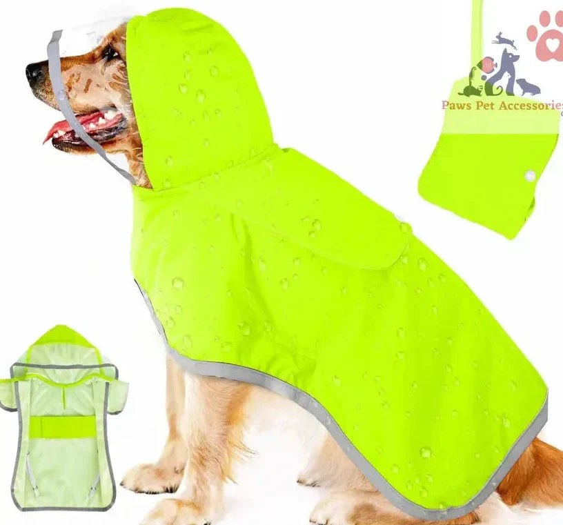 Neon yellow reflective raincoat for dogs; adjustable pet raincoat with a hood