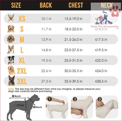 Dog size measurement chart for the Green Reflective Adjustable Pet Raincoat