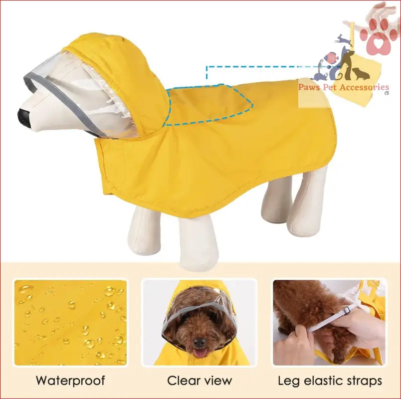 Yellow waterproof dog jacket with hood and elastic straps for outdoor protection