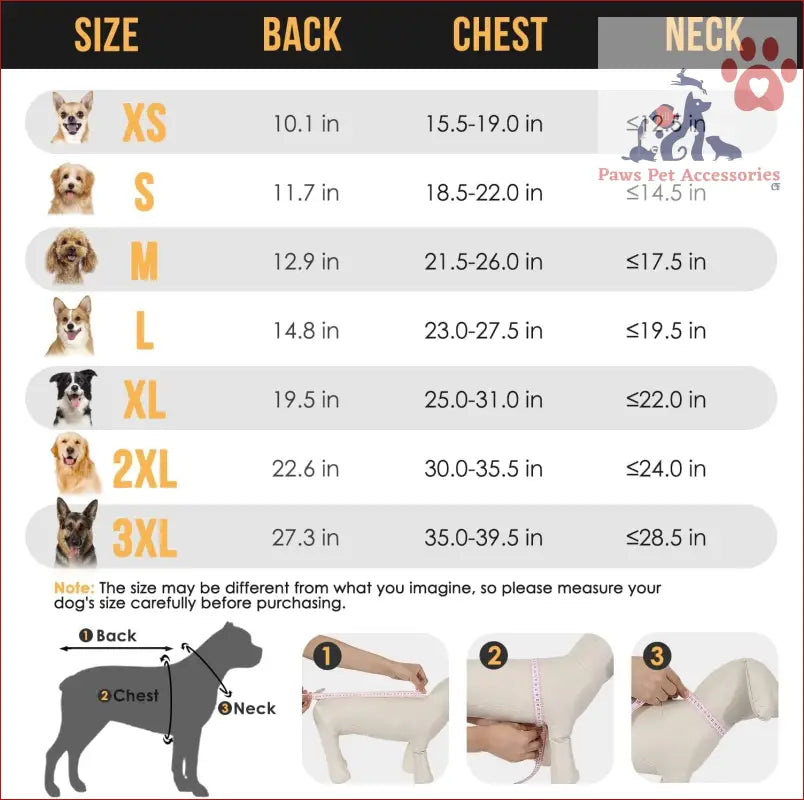 Dog size measurement chart for Yellow Reflective Adjustable Pet Raincoat and waterproof jackets