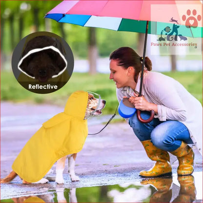 Yellow reflective adjustable pet raincoat for dogs, waterproof jacket with hood