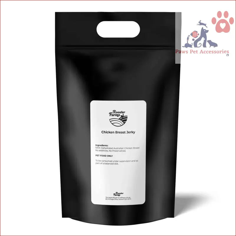 Black resealable pouch with chicken breast jerky label for 2Kg Dog Treat, dehydrated Australian healthy